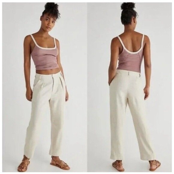 Free People Linen Blend Wide Leg Pleated Pants Women 6 High Rise Boho Coastal - Picture 1 of 15